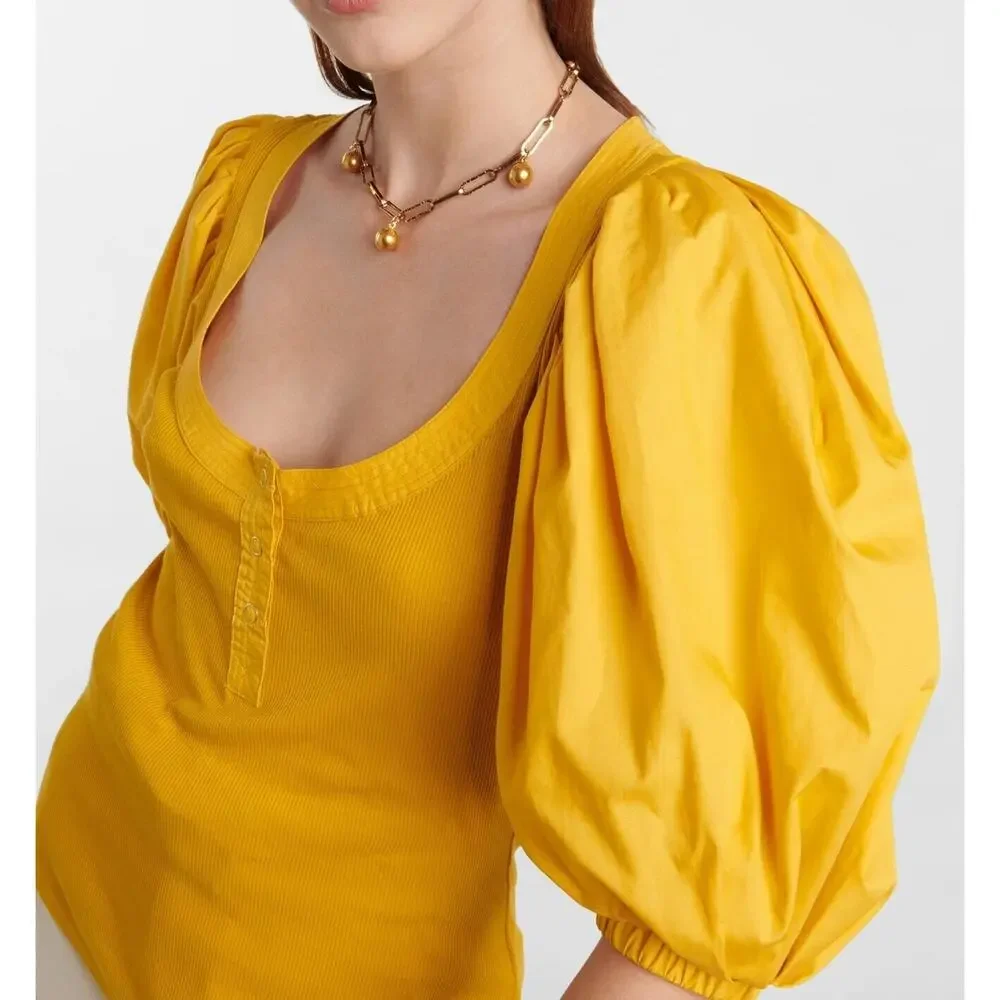 Ulla Johnson Janette Ribbed Puff Sleeve Knit Top Yellow Women's Small